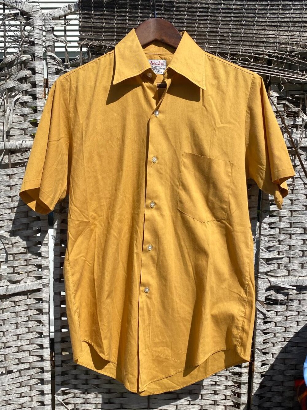 1950s Seaton Shirt Men Mustard Yellow Button Up Large Vintage Made in Israel